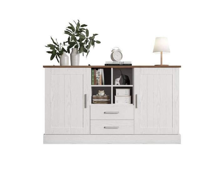Buffet - 140 x 40 x 79 5 cm - 2 portes - 2 tiroirs - Blanc aspect bois