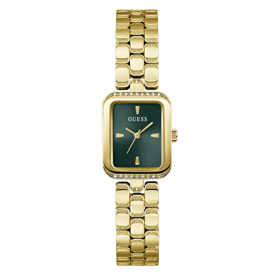 Quarzuhr GUESS "ISLA", gold (goldfarben, grün), Armbanduhren, Damen, Quarzuhr, Armbanduhr, Damenuhr, Edelstahlarmband, analog