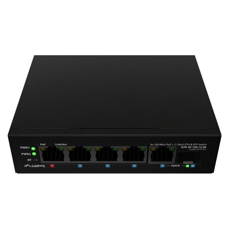 Lanberg switch light industrial POE 1xBT 3xAT SFP+ETH DIN niezarządzalny fast ethernet (5 Ports) (ILFE-4P-1GE-1S-90)