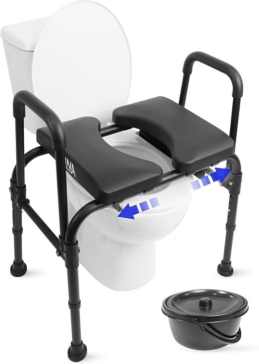 Toilettensitzerhöhung mit Armlehnen Schwarz, 3 in 1 Toilettenstuhl für Senioren bis 180 kg, WC Sitzerhöhung, gepolsterter Nachtstuhl und Duschstuhl, Patentiert - Hergestellt in Europa