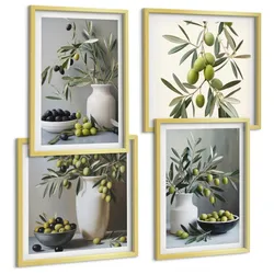 BILDER SET 4er Set - 50x50 cm & 40x60 cm Goldrahmen - Oliven in grauen Vasen
