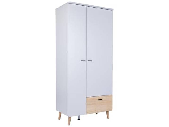 Arthur Berndt Kleiderschrank Lovis, Weiß mit Holzakzenten, 2 Türen mit Soft-Close, Metallgriffe Schwarz Matt, Schublade und Kleiderstange (Breite: 90 cm)