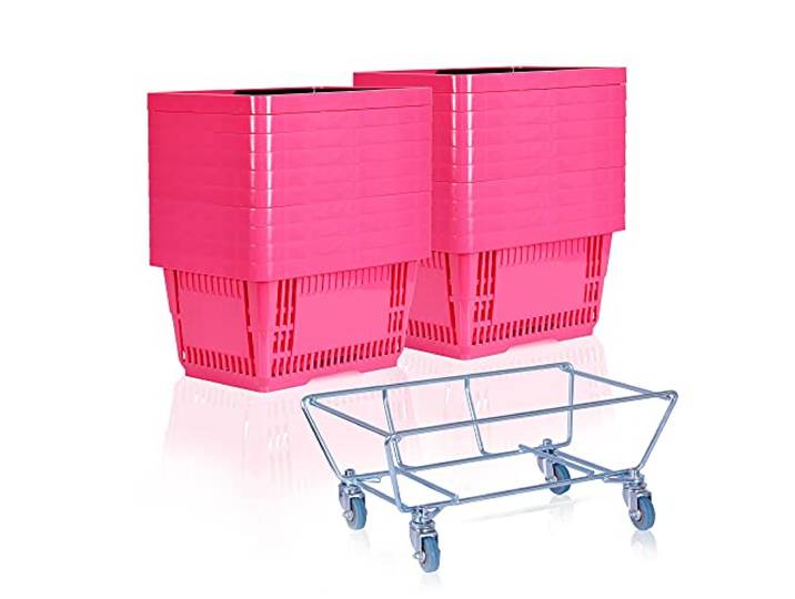 goodsforbusiness GmbH Sammelwagen + 20 Einkaufskörbe pink Korbstapelwagen 22 Liter Rollwagen für Kunststoffkörbe Korbwagen stabil Einkaufskorbwagen