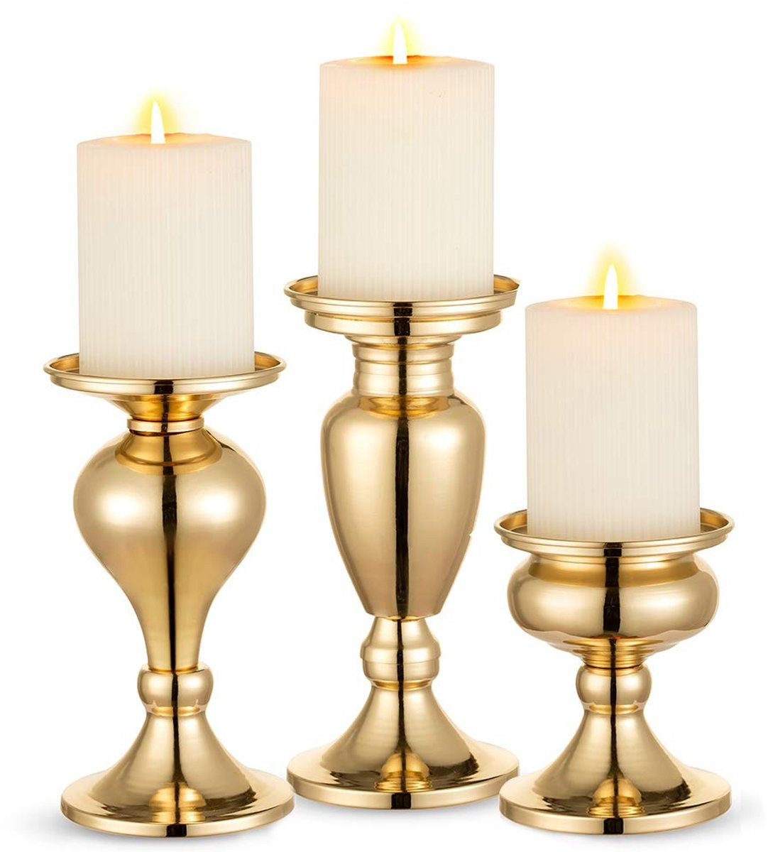 Set van 3 Vintage Gouden Metalen Pijler Kandelaars