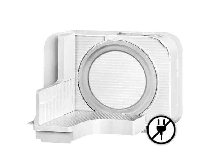 EUREL RS54 Akku-Allesschneider, Weiß Brotschneidemaschine klappbar, kabelloser Allesschneider mit Li-Ion Akku, E-Blade Präzisionsklinge, 0–15 mm Schnittstärke