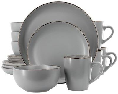Gibson Home Rockaway 16 Piece Gold Rimmed Dinnerware Set in Grey