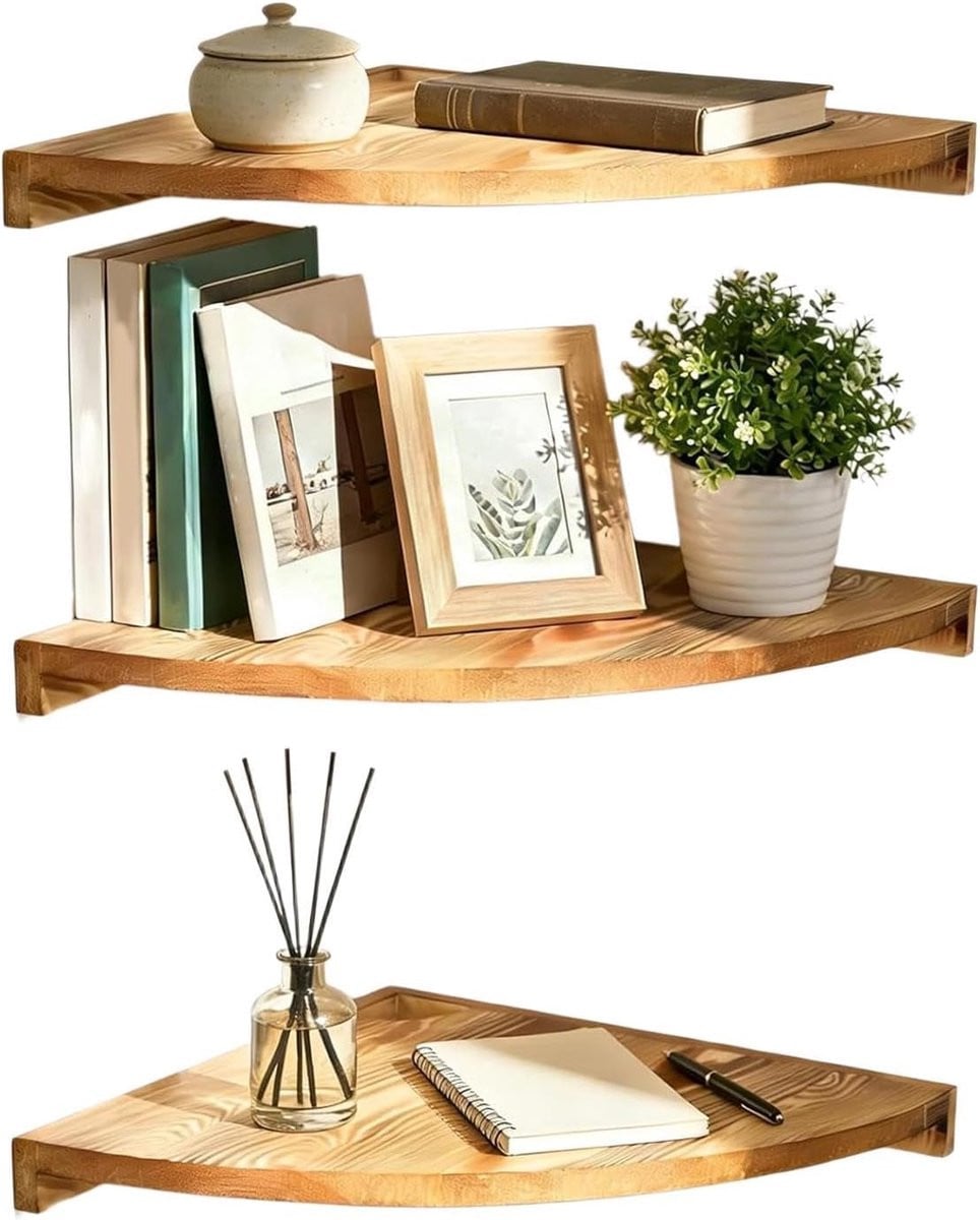 Drievoudige houten hoekplanken wandrek met geïntegreerde verlichting, Houtkleur