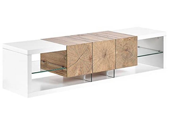 Beliani TV-Möbel weiß/helle Holzoptik Schublade offene Fächer Sicherheitsglas Fulerton
