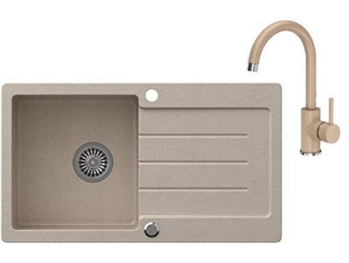 VBChome Granit Spülbecken Beige 77 x 44 cm – Einbauspüle Einzelbecken gesprenkelt, reversibel – Verbundspüle inkl. Siphon & Armatur – Küchen Waschbecken