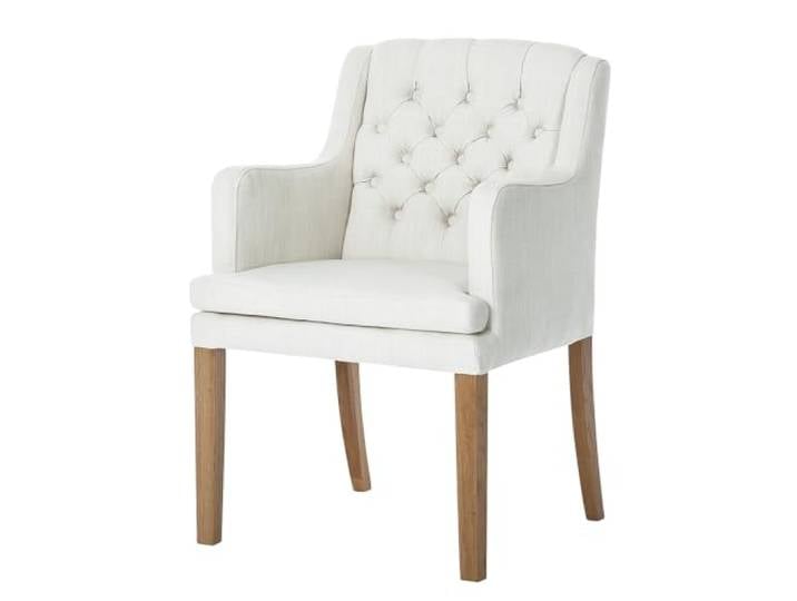 home24 Armlehnenstuhl Braun 67 x 60 x 87 cm Webstoffbezug, Beine aus Massivholz Eiche, Landhausstil, Küche, Bar