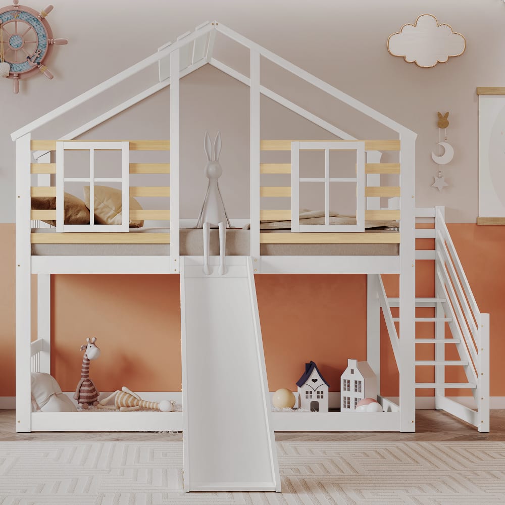 MODFU Cama alta de madera blanca de 90 x 200 cm con valla