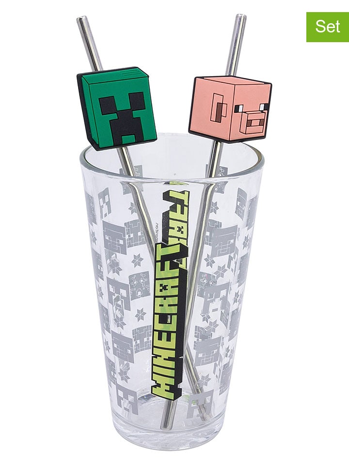 Stor 3tlg. Set: Glas und Strohhalme "Minecraft" - onesize