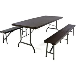 VCM, Gartentisch + Balkontisch, Gartengarnitur 1 Tisch 2 Bänke klappbar Rattanoptik Bierzeltgarnitur 180cm braun