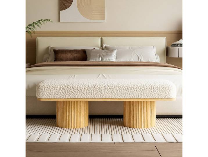BBWL Polsterbank Fluffy Sitzbank 122cm Teddy Fleece mit Massivholzbeinen, Ottomane modern für Schlafzimmer Flur Eingangsbereich Creme Design