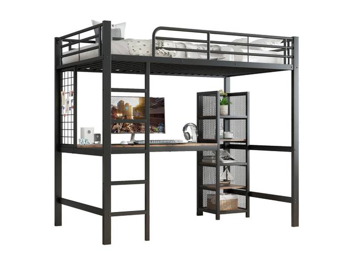 Modfu Hochbett aus Metall und MDF 90x200 cm Schwarz-Dunkle Holzfarbe mit Schreibtisch, 5-stufigem Regalschrank und Metallgitter, 90x200 cm, Babymöbel & Kindermöbel, Kinderzimmer & Jugendzimmer, Kinderbetten, Hochbetten