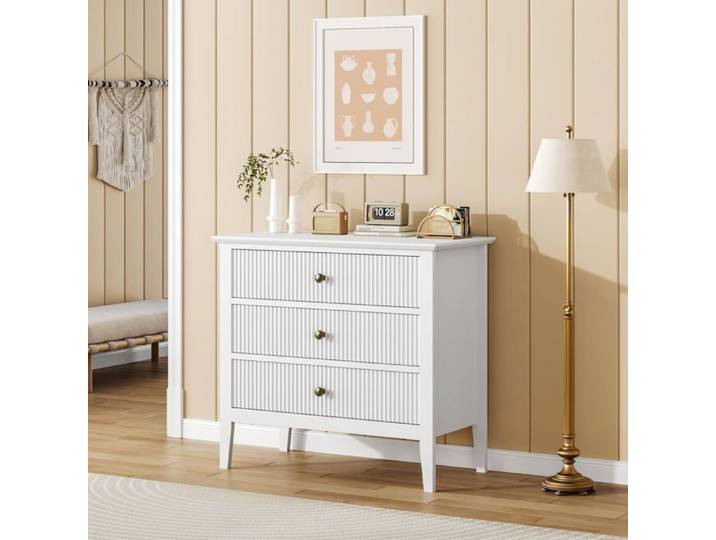 Commode moderne à panneaux rainurés - LUNSY - 80x40x75 cm - Blanc - 3 tiroirs spacieux - Panneaux MDF