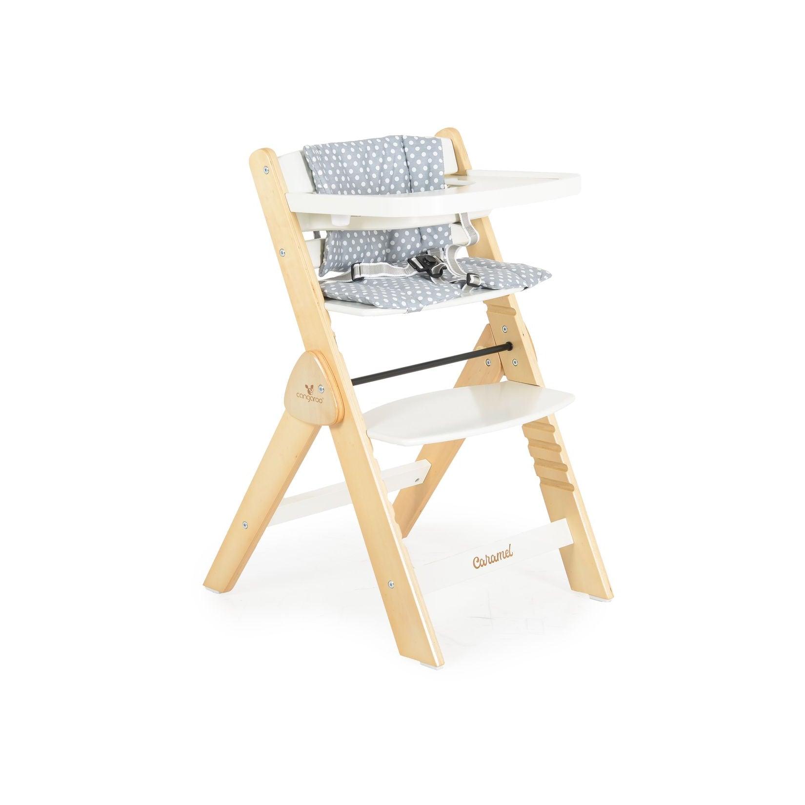 Cangarro Kinderhochstuhl Caramel Holz, Kissen, klappbar, Fußstütze, 3-Punkt-Gurt weiß