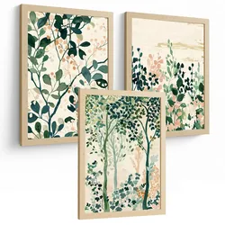 POSTER 3er-Set Wandbilder Floral Bäume modern Wohnzimmer Deko, Schlafzimmer, Küche, Badezimmer Leichter Holzrahmen A3
