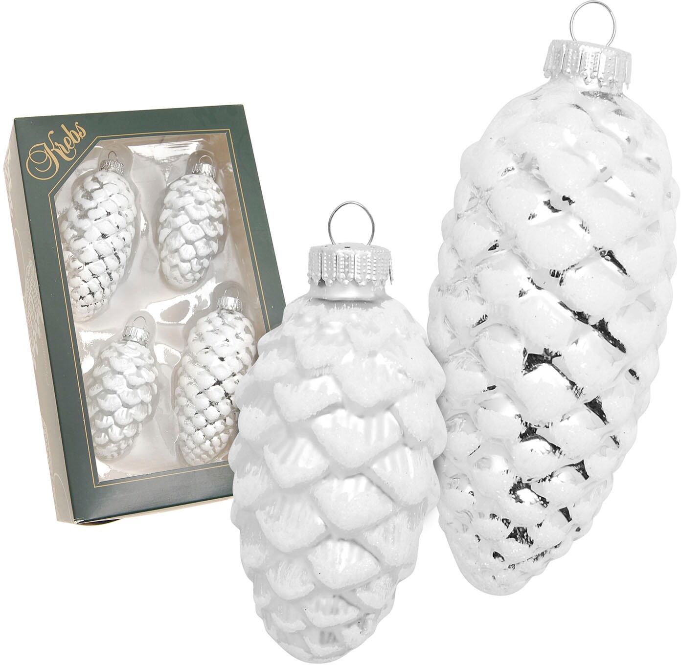 Christbaumschmuck KREBS GLAS LAUSCHA "Glas-Tannenzapfen Silberfarben, mit Glitter, 2x Ø 8 cm + 2x Ø 10 cm", silber (silberfarben), Glas, Weihnachtsbaumschmuck, Christbaumschmuck, Weihnachtsdeko, Weihnachtsbaumkugel, Christbaumkugeln aus Glas