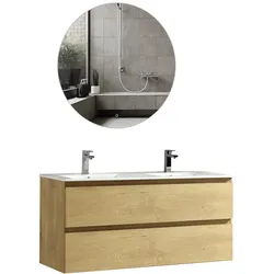 Alpenberger Doppel Waschbecken mit Unterschrank | Badmöbel Set | Waschbeckenunterschrank mit Waschtisch 120 cm Breit | Badezimmer Spiegel mit Led Rund