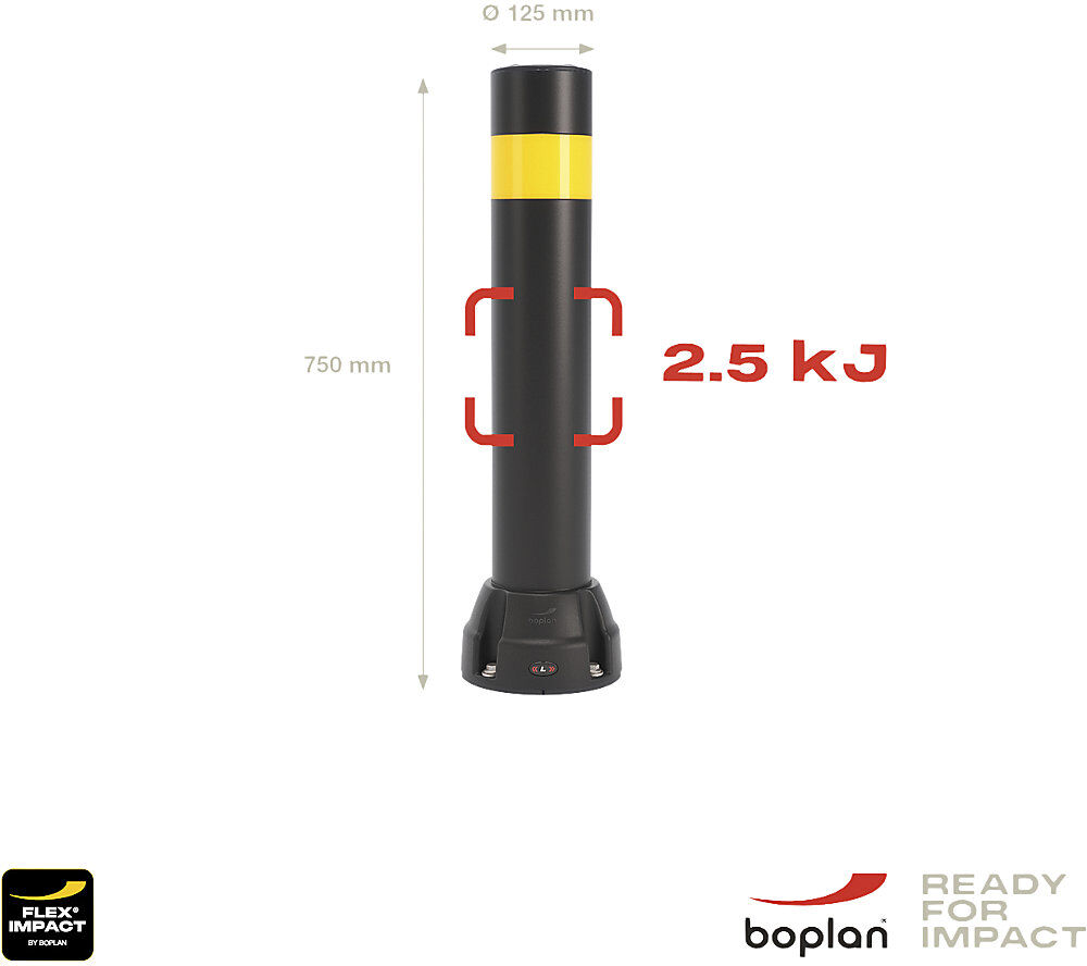 Rammschutz-Poller 125L, Höhe 750 mm, verzinkte Platte, schwarz, gelber Streifen Boplan
