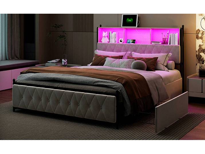 ADWOLT Polsterbett Doppelbett Stauraumbett mit 4 Schubladen und USB+Type C-Schnittstellen (Jugendbett, 1-tlg), 140x200 cm,Gepolstert,Schubladen mit Rädern,Samt