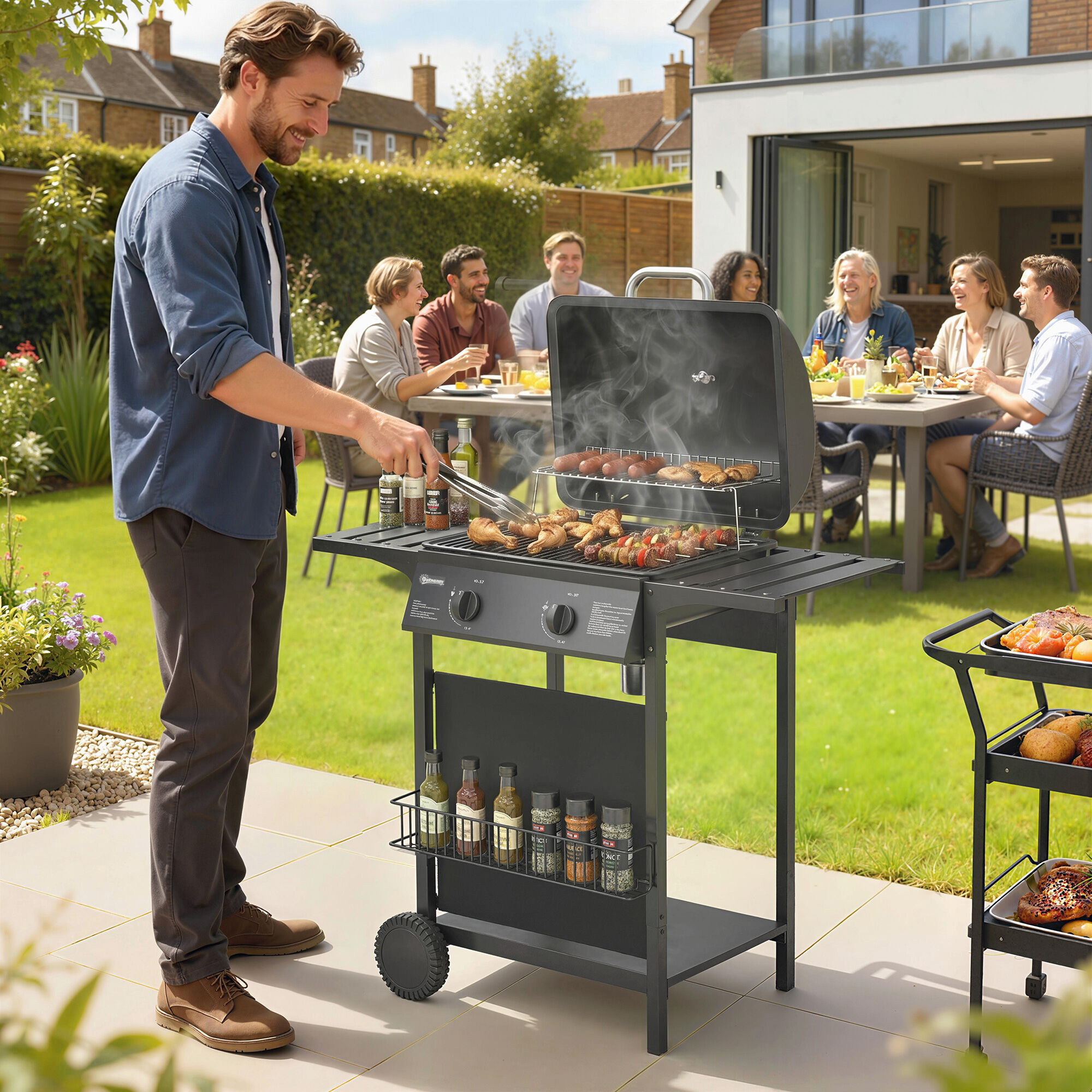 Altro Barbecue Gas, 2 Bruciatori, Tavolini Laterali, Vassoio Raccogli Grassi, Nero.