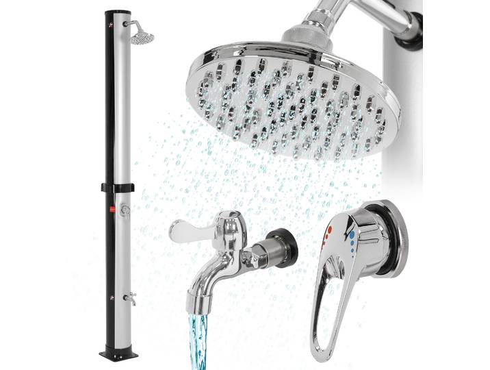 ML-Design Solardusche 35L 217,5cm rund mit Fußdusche und Regenduschkopf Silber-Schwarz, warmes Wasser, 60°C ohne Stromanschluss, mit Gartenschlauch-Anschluss