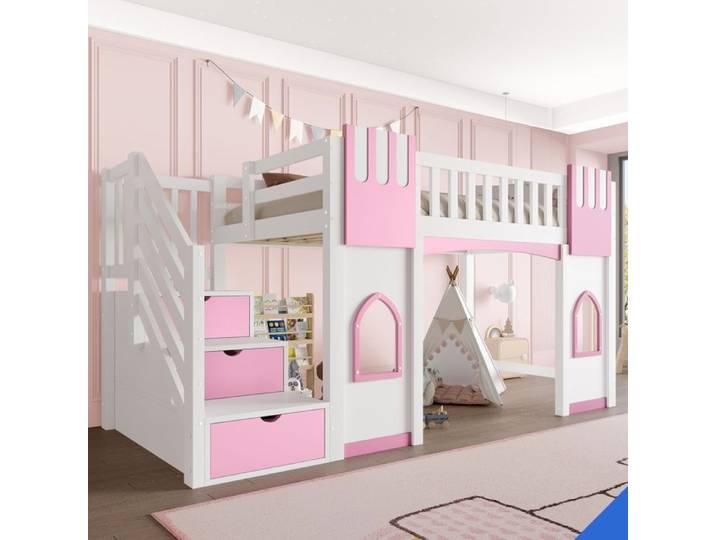 Lit mezzanine en pin et MDF 90x200 avec escalier rangement