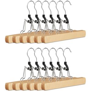 Relaxdays Hosenbügel 100218290, aus Holz, Einfachbügel mit Spannklammern, braun, 25cm, 12 Stück