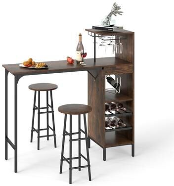 Costway 3 Piece Bar Table and Chairs Set with 6-Bottle Wine Rack-Rustic Brown