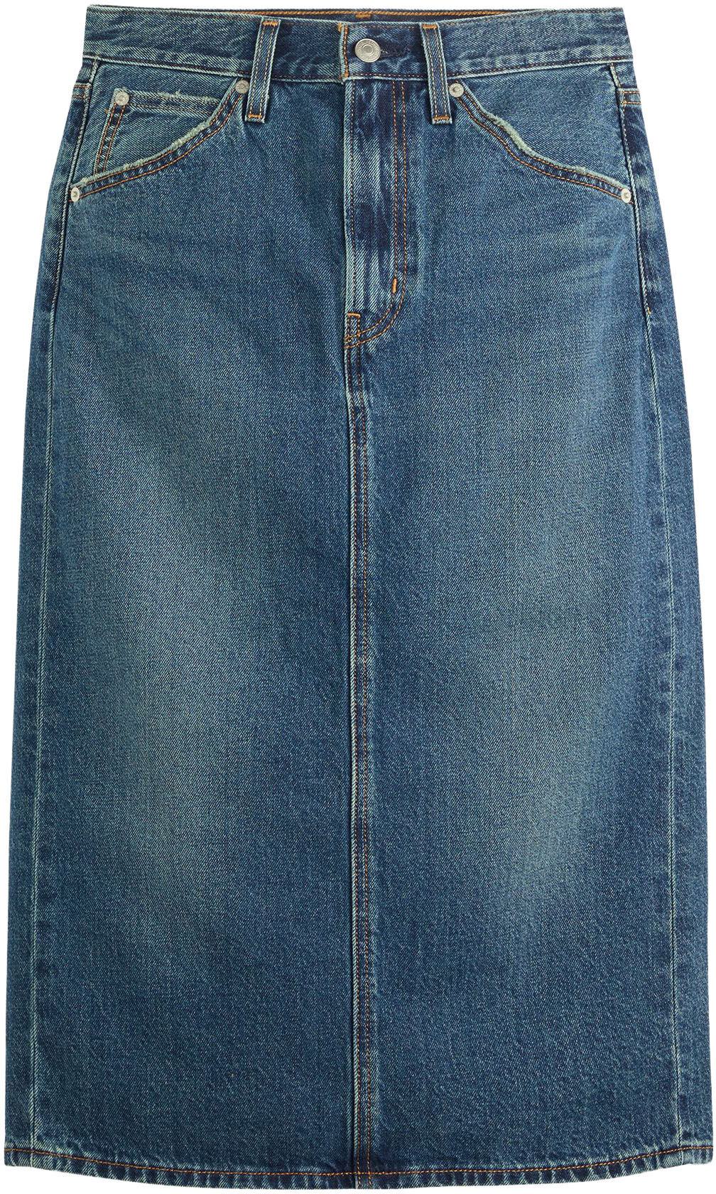Jeansrock LEVI'S "HR BACK SLIT SKIR", Damen, Gr. 30, blau (review time), Web, Obermaterial: 100% Baumwolle, slim fit kniebedeckend, Röcke Jeansrock, mit Schlitz hinten review time 30
