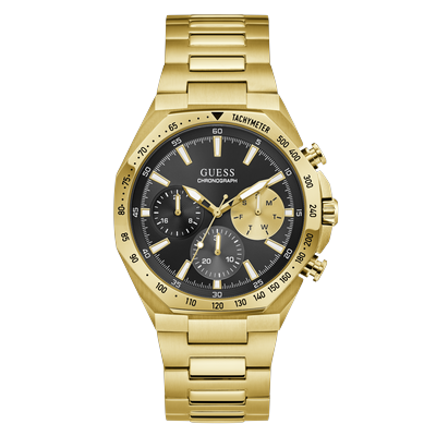 Multifunktionsuhr GUESS "BLAKE", gold (goldfarben, schwarz, schwarz), Armbanduhren, Herren, goldfarben, Quarzuhr, Armbanduhr, Herrenuhr, Edelstahlarmband, analog, Tag