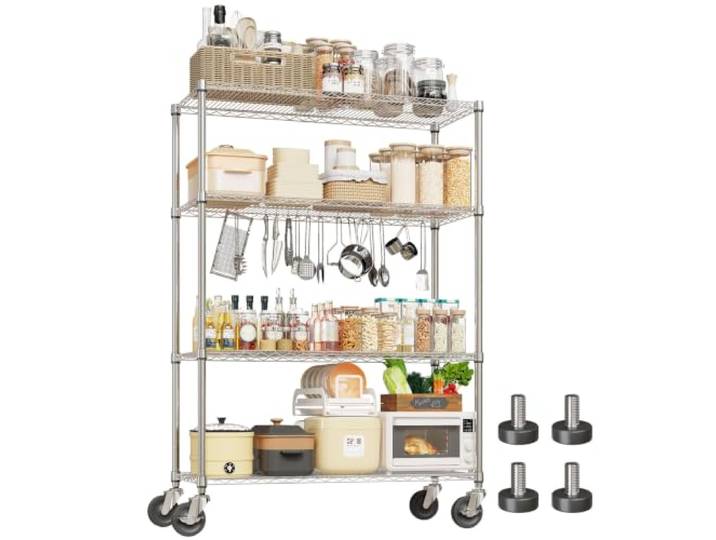 Virimolo Metallregal mit Rollen, 4 verstellbare Ebenen, 120 x 45 x 180 cm Rollregal Schwerlastregal mit 4 Regalböden, verchromt, bis 500 kg, Kellerregal Lagerregal Küchenregal Garagenregal