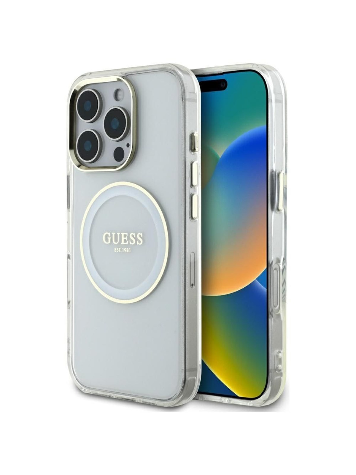 GUESS IML Metal Colored Circle Classic Logo MagSafe case for iPhone 16 Pro - white