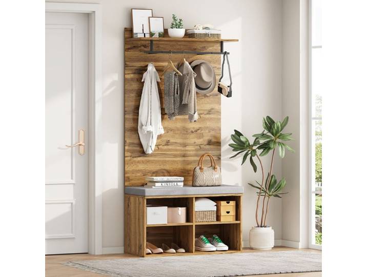 Ensemble de vestiaire en aspect bois - 175 cm de hauteur - Banc à chaussures avec coussin - Étagère réglable - 84x32 cm