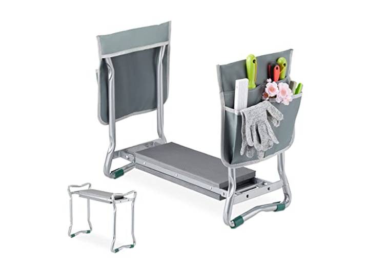 Relaxdays Agenouilloir de Jardinage\, Pliable\, soulage Les articulations\, 150 kg Max\, à 2 Poches\, rembourré\, argenté/Gris