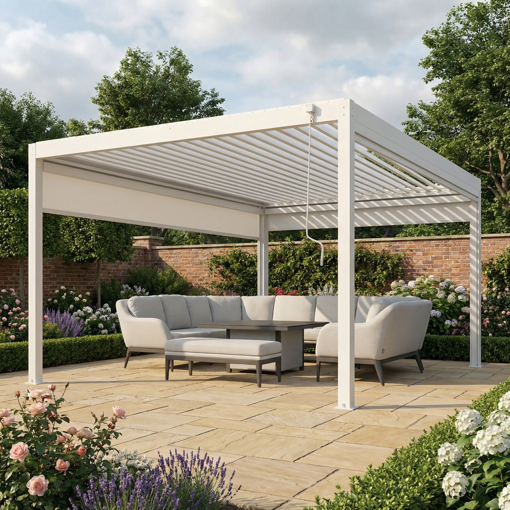 Harbour Lifestyle PergoSTET Plus 4m x 4m Square Pergola with 3 Manual Side Blinds and LED Lighting in White