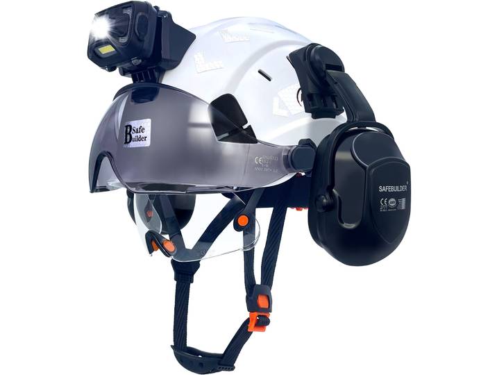Casque de sécurité avec visière, cache-oreilles intégrés, casques de sécurité avec lampe frontale Rechargeable pour hommes, travail industriel