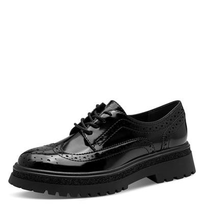 Schnürschuh TAMARIS, Damen, Gr. 38, schwarz, Lacklederimitat, glänzend, festlich, Schuhe Schnürschuh, Halbschuh, Businessschuh in veganer Verarbeitung