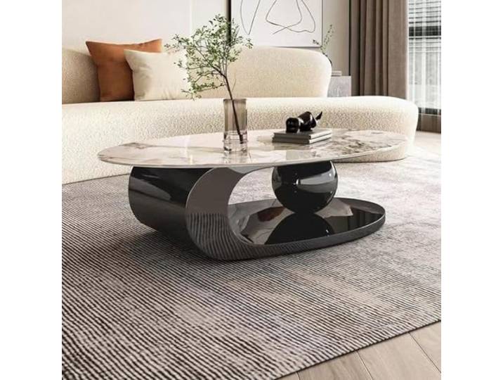 YPDOPORA Mid Century Modern Couchtisch Mit Ovaler Marmorplatte, 2-Stufige Ovale Marmor-Mitteltische, Schlichte Design-Couchtische, Mitteltisch Für Wohnzimmer, Büro, Wohnung,Schwarz,120 * 70cm