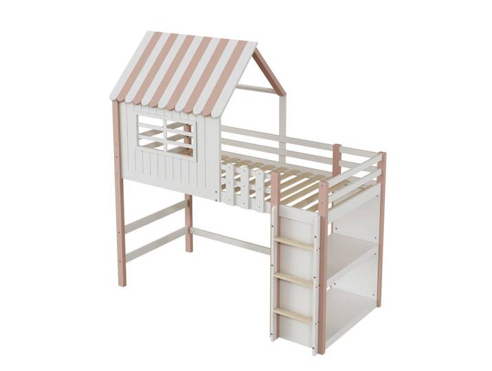 Redom Kinderbett 90/200 cm mit Dachform, Sicherheitsleiter, Ablagefach und Lattenrost aus Holzwerkstoff, Rosa/Grün, Pink, 90x200 cm, Babymöbel & Kindermöbel, Kinderzimmer & Jugendzimmer, Kinderbetten