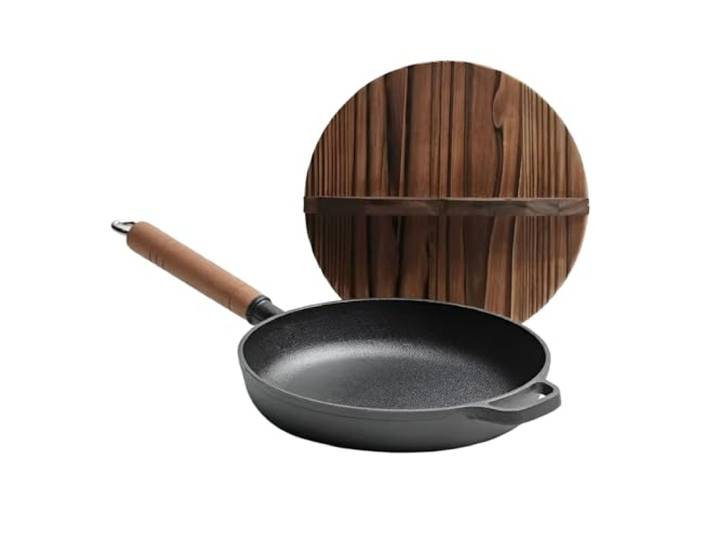 AIZYR Gusseisenpfanne Bratpfanne, Pfanne Mit Holzgriff Kochpfanne Antihaftbeschichtetes Kochgeschirr Für Gas, Induktion Und Elektro,26cm