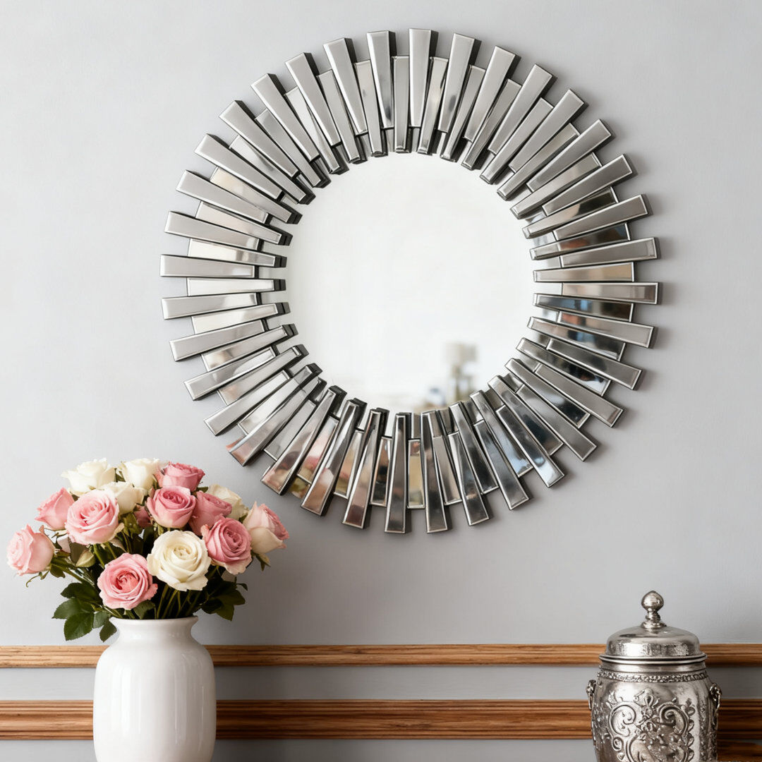 Canora Grey Axentie Round Wall Mirror Hallway Sunburst Accent Mirror Silver 59.9cm H x 59.9cm W