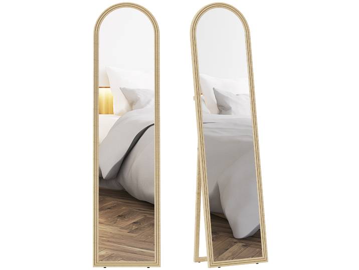 Miroir sur pied Homcom pleine longueur avec cadre effet pierre, miroir mural à 2 modes d'utilisation, rectangulaire 40x3,7x160 cm, beige