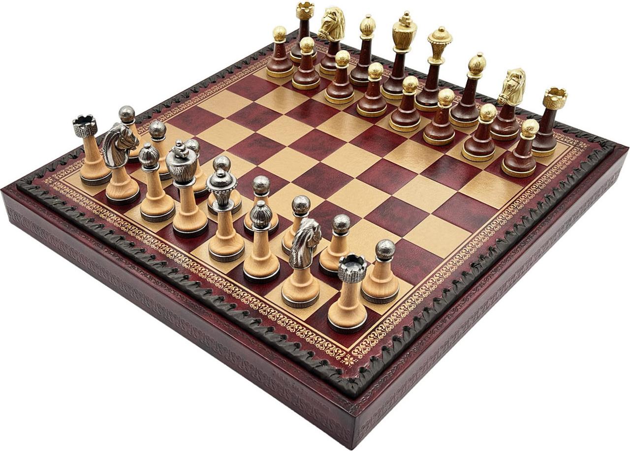 Italienische Schachfiguren Metall/Wood + Schachbrett Echtleder Gold/Burgund 35