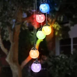 RGB LED Solar Windspiel Hängeleuchte Gartenlampe Deko Außen Crackle Glas Kugel, Metall, Farbwechsler, LED, DxH 12,5x60 cm
