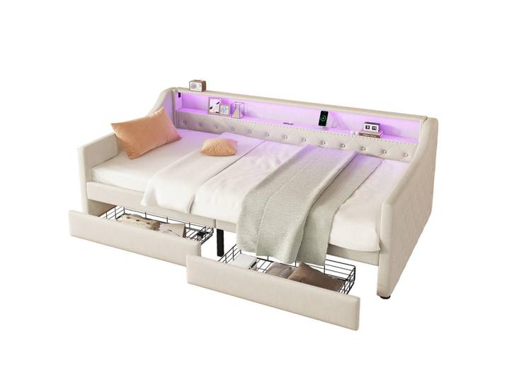 Modfu Polsterbett aus Leinen 90x200 cm in Beige mit LED-Beleuchtung & USB-Ladebuchse, 90x200 cm, Schlafzimmer, Betten, Polsterbetten
