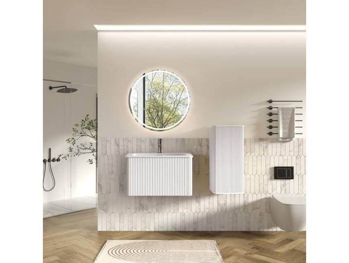 Ensemble meuble de salle de bain 60 cm meuble vasque suspendu avec lavabo en céramique et colonne latérale blanc moderne