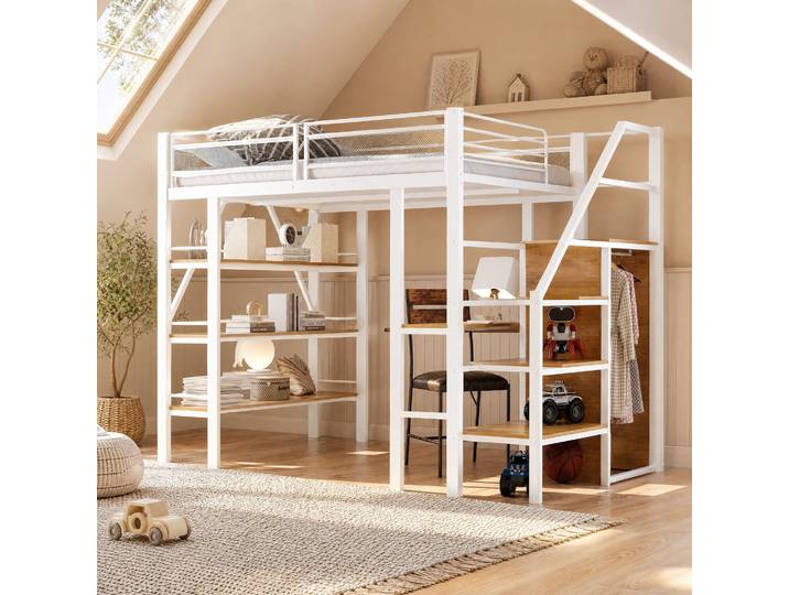 Hochbett 252x147\,5x178\,5 Cm Métal Blanc Avec Bureau\, Rangement\, Pour Chambre\, Sans Matelas – Meubliv